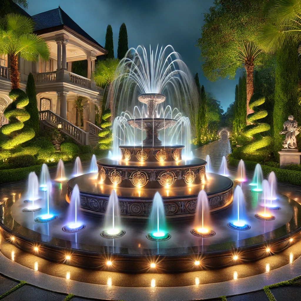 Air mancur menari dengan pancaran air yang disinkronkan dengan lampu LED warna-warni di taman yang indah pada malam hari, menciptakan suasana magis dan elegan.